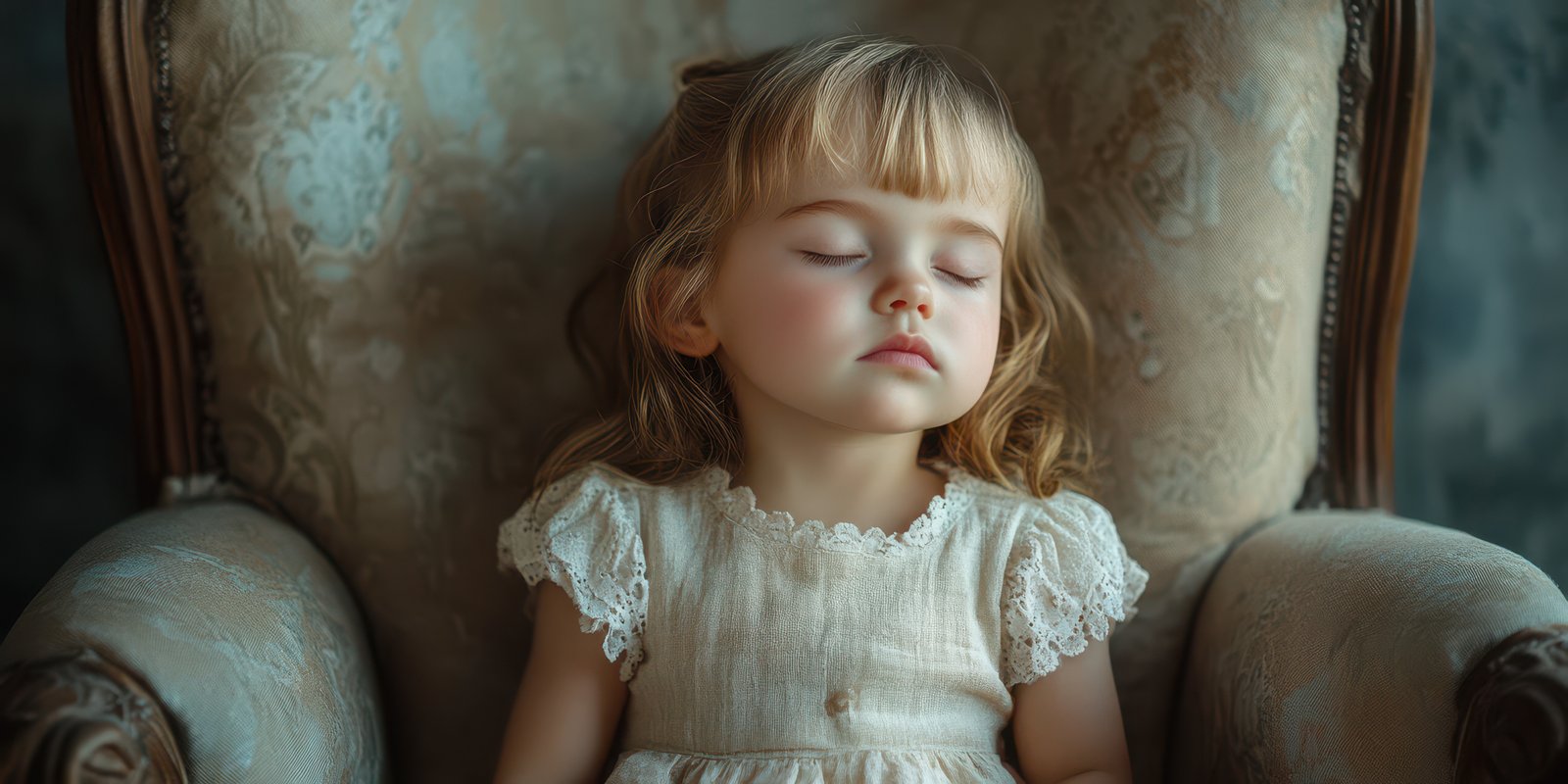 Young girl resting peacefully in a vintage armchair with closed eyes in a serene indoor setting